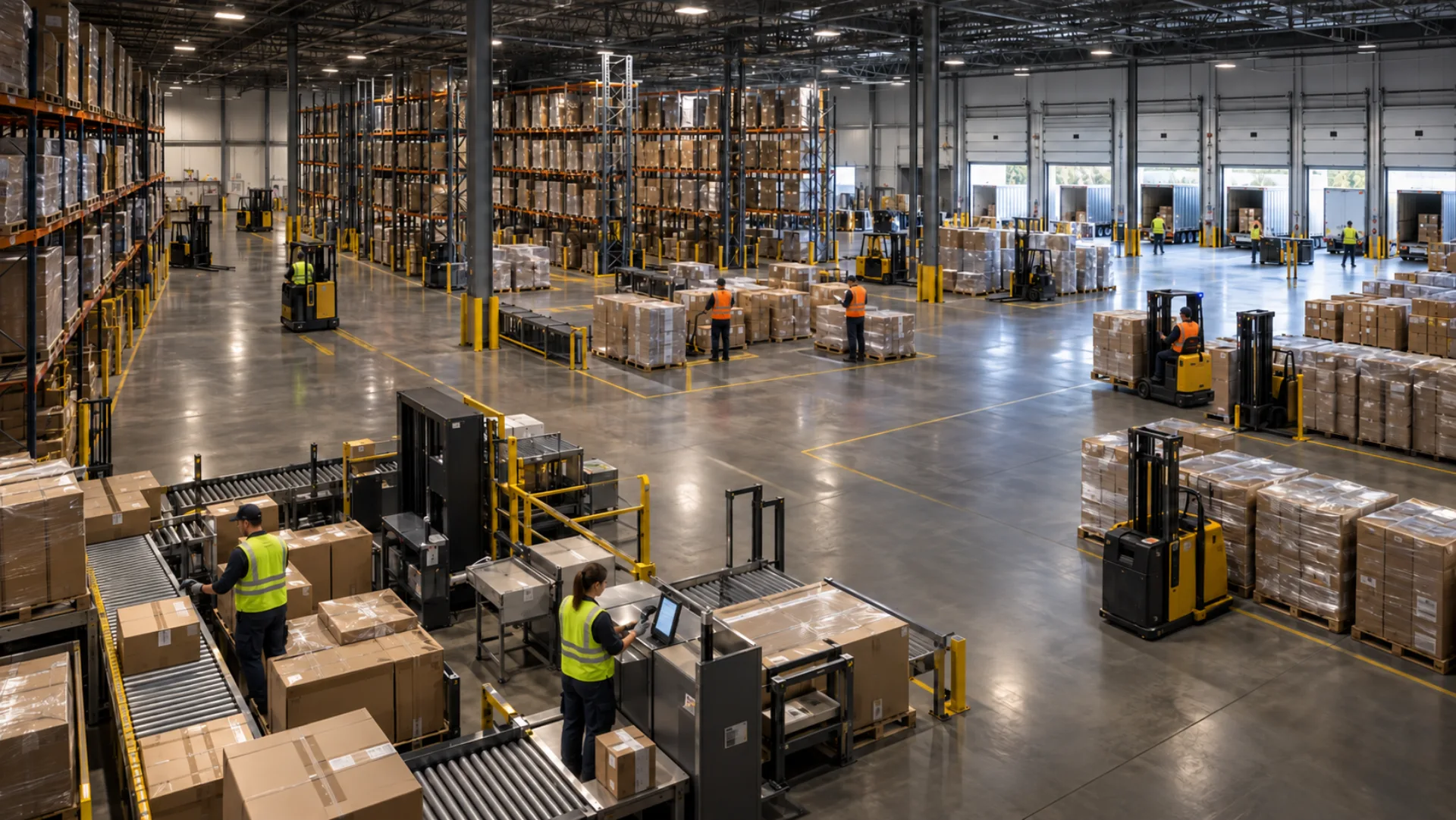 Distribution center floor from above: pallet racking down the left, an open marked floor with forklifts and staged pallets in the middle, dock doors and trailers along the right, and a conveyor and pack line in the foreground.